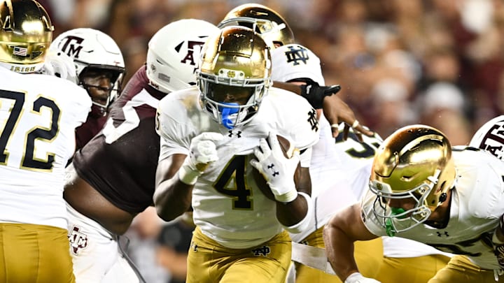 Aug 31, 2024; College Station, Texas, USA; Notre Dame Fighting Irish running back Jeremiyah Love (4) breaks free and runs the ball into the end zone for a touchdown in the fourth quarter against the Texas A&M Aggies at Kyle Field. Mandatory Credit: Maria Lysaker-Imagn Images