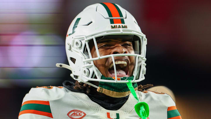 Sep 21, 2024; Tampa, Florida, USA; Miami Hurricanes defensive back Jadais Richard (25) reacts after a play against the South Florida Bulls in the third quarter at Raymond James Stadium. Mandatory Credit: Nathan Ray Seebeck-Imagn Images