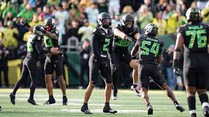 Oregon celebrates an onside kick recover as the Oregon Ducks host the Wisconsin Badgers on Oct. 25, 2025, at Autzen Stadium in Eugene, Oregon. Oregon celebrates an onside kick recover as the Oregon Ducks host the Wisconsin Badgers on Oct. 25, 2025, at Autzen Stadium in Eugene, Oregon.