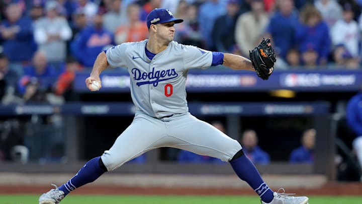 Oct 18, 2024; New York City, New York, USA; Los Angeles Dodgers starting pitcher Jack Flaherty (0) pitches against the New York Mets during the second inning of game five of the NLCS during the 2024 MLB playoffs at Citi Field.