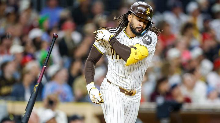 May 26, 2026; San Diego, California, USA; San Diego Padres second baseman Fernando Tatis Jr. (23) throws his bat after flying out to left field during the sixth inning against the Philadelphia Phillies at Petco Park. Mandatory Credit: David Frerker-Imagn Images