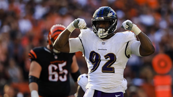 Oct 6, 2024; Cincinnati, Ohio, USA; Baltimore Ravens defensive tackle Nnamdi Madubuike (92) reacts after sacking Cincinnati Bengals quarterback Joe Burrow (not pictured) in the second half at Paycor Stadium. Mandatory Credit: Katie Stratman-Imagn Images Oct 6, 2024; Cincinnati, Ohio, USA; Baltimore Ravens defensive tackle Nnamdi Madubuike (92) reacts after sacking Cincinnati Bengals quarterback Joe Burrow (not pictured) in the second half at Paycor Stadium. Mandatory Credit: Katie Stratman-Imagn Images