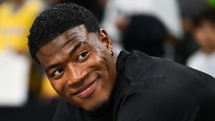 Oct 4, 2024; Palm Desert, California, USA; Los Angeles Lakers forward Rui Hachimura (28) reacts during warmups before the game against the Minnesota Timberwolves at Acrisure Arena. Mandatory Credit: Jonathan Hui-Imagn Images