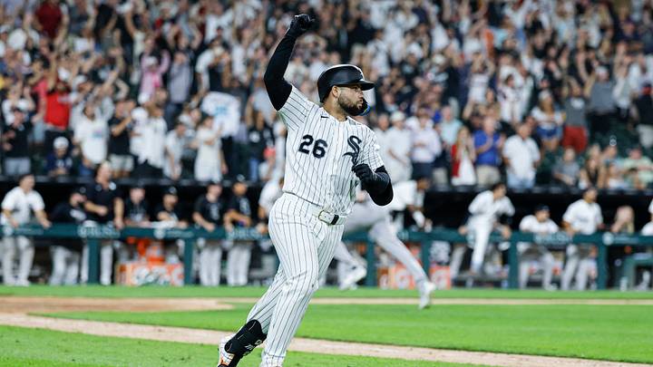 Jul 29, 2026; Chicago, Illinois, USA; Chicago White Sox catcher Edgar Quero (26) celebrates after hitting the game-winning a walk-off single against the New York Yankees during the 12th inning at Rate Field. Mandatory Credit: Kamil Krzaczynski-Imagn Images