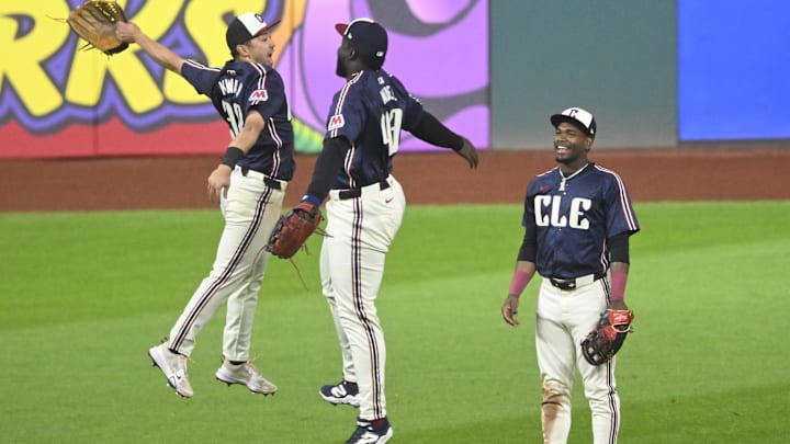 May 9, 2025; Cleveland, Ohio, USA; Cleveland Guardians left fielder Steven Kwan (38), right fielder Jhonkensy Noel (43) and center fielder Angel Martinez (1) celebrate a win over the Philadelphia Phillies at Progressive Field. Mandatory Credit: David Richard-Imagn Images
