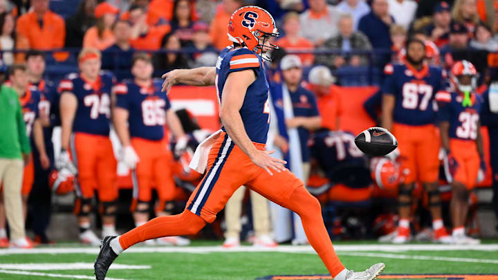 Oct 18, 2025; Syracuse, New York, USA; Syracuse Orange punter Jack Stonehouse (41) kicks during the second half against the Pittsburgh Panthers at the JMA Wireless Dome.