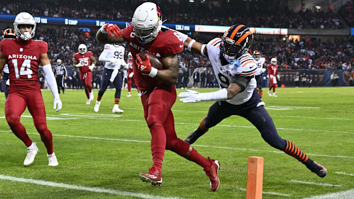 James Conner gets across the goal line at Soldier Field last season for a TD before Jaquan Brisker can arrive on the scene. James Conner gets across the goal line at Soldier Field last season for a TD before Jaquan Brisker can arrive on the scene.