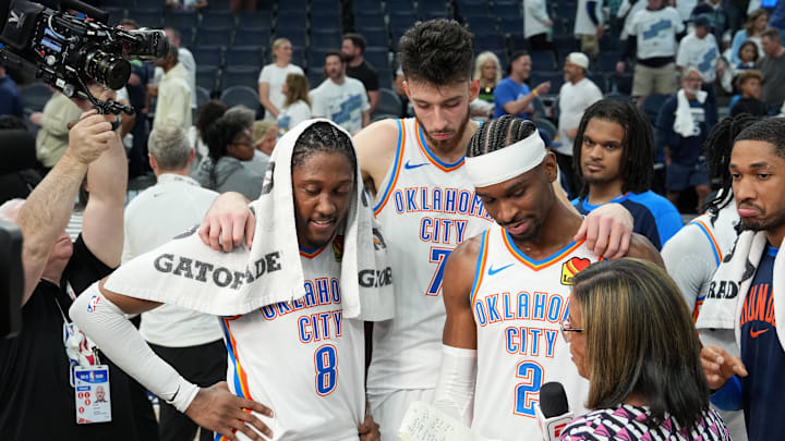 May 26, 2025; Minneapolis, Minnesota, USA; Oklahoma City Thunder forward Jalen Williams (8), forward Chet Holmgren (7) and guard Shai Gilgeous-Alexander (2) talk to the media after defeating the Minnesota Timberwolves in game four of the western conference finals for the 2025 NBA Playoffs at Target Center. Mandatory Credit: Jesse Johnson-Imagn Images