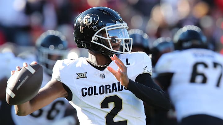 Nov 9, 2024; Lubbock, Texas, USA; Colorado Buffalos quarterback Shedeur Sanders (2) passes against the Texas Tech Red Raiders in the first half at Jones AT&T Stadium and Cody Campbell Field. Mandatory Credit: Michael C. Johnson-Imagn Images