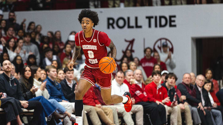 Jan 25, 2025; Tuscaloosa, Alabama, USA; Alabama Crimson Tide guard Labaron Philon (0) drives the ball against the LSU Tigers during the second half at Coleman Coliseum. Mandatory Credit: Will McLelland-Imagn Images Jan 25, 2025; Tuscaloosa, Alabama, USA; Alabama Crimson Tide guard Labaron Philon (0) drives the ball against the LSU Tigers during the second half at Coleman Coliseum. Mandatory Credit: Will McLelland-Imagn Images