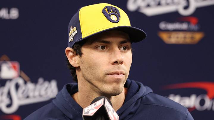 Oct 28, 2026; St. Petersburg, Florida, USA; Milwaukee Brewers designated hitter Christian Yelich (22) speaks in a press conference before game five of the 2026 World Series against the Tampa Bay Rays at Tropicana Field. Mandatory Credit: Nathan Ray Seebeck-Imagn Images Oct 28, 2026; St. Petersburg, Florida, USA; Milwaukee Brewers designated hitter Christian Yelich (22) speaks in a press conference before game five of the 2026 World Series against the Tampa Bay Rays at Tropicana Field. Mandatory Credit: Nathan Ray Seebeck-Imagn Images