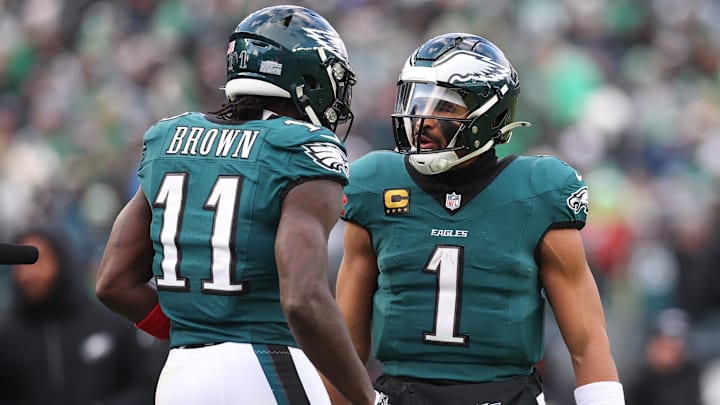 Dec 14, 2025; Philadelphia, Pennsylvania, USA; Philadelphia Eagles quarterback Jalen Hurts (1) reacts with wide receiver A.J. Brown (11) after their touchdown connection during the fourth quarter against the Las Vegas Raiders at Lincoln Financial Field. Mandatory Credit: Bill Streicher-Imagn Images Dec 14, 2025; Philadelphia, Pennsylvania, USA; Philadelphia Eagles quarterback Jalen Hurts (1) reacts with wide receiver A.J. Brown (11) after their touchdown connection during the fourth quarter against the Las Vegas Raiders at Lincoln Financial Field. Mandatory Credit: Bill Streicher-Imagn Images