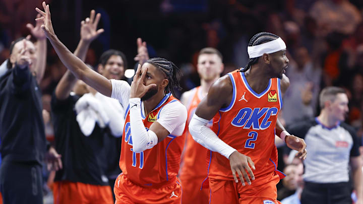 Dec 3, 2024; Oklahoma City, Oklahoma, USA; Oklahoma City Thunder guard Isaiah Joe (11) gestures after scoring a three point basket against the Utah Jazz during the second half of an NBA Cup game at Paycom Center. Mandatory Credit: Alonzo Adams-Imagn Images