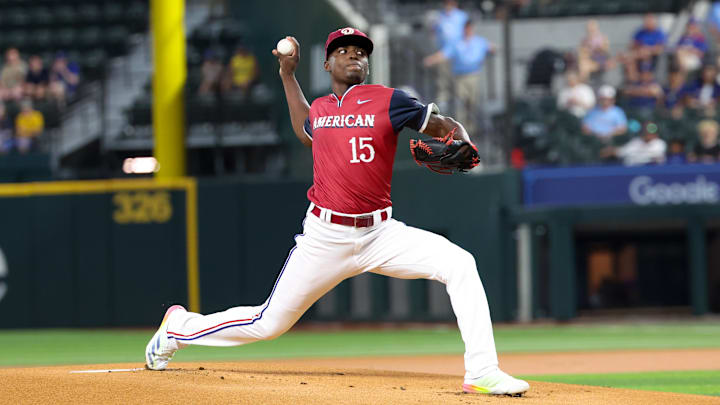 Jul 13, 2024; Arlington, TX, USA;  American League Future pitcher Emiliano Teodo (15) throws during the first inning against the National League Future team during the Major League All-Star Futures game at Globe Life Field.  