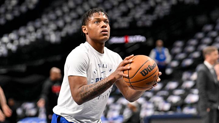 Mar 21, 2025; Dallas, Texas, USA; Detroit Pistons guard Marcus Sasser (25) warms up before the game between the Dallas Mavericks and the Detroit Pistons at the American Airlines Center. Mandatory Credit: Jerome Miron-Imagn Images