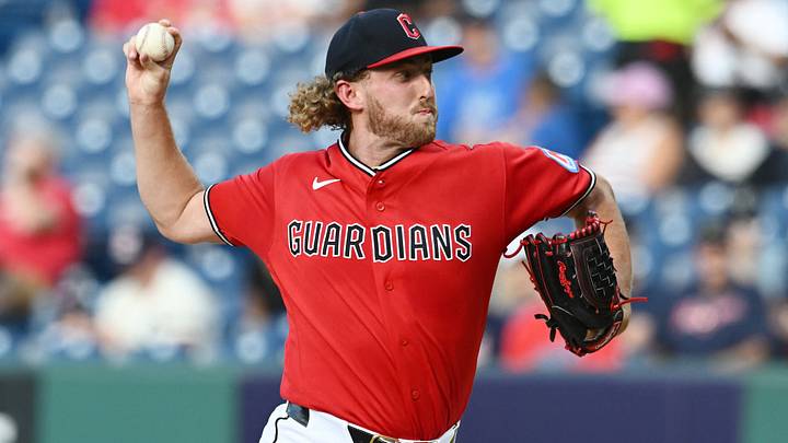 Jun 30, 2026: Cleveland Guardians pitcher Tanner Bibee (28) throws a pitch during the first inning against the Texas Rangers at Progressive Field. 