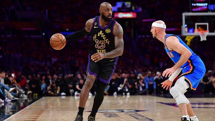 May 11, 2026; Los Angeles, California, USA; Los Angeles Lakers forward LeBron James (23) moves the ball against Oklahoma City Thunder guard Alex Caruso (9) during the first half in game four of the second round of the 2026 NBA Playoffs at Crypto.com Arena. Mandatory Credit: Gary A. Vasquez-Imagn Images May 11, 2026; Los Angeles, California, USA; Los Angeles Lakers forward LeBron James (23) moves the ball against Oklahoma City Thunder guard Alex Caruso (9) during the first half in game four of the second round of the 2026 NBA Playoffs at Crypto.com Arena. Mandatory Credit: Gary A. Vasquez-Imagn Images