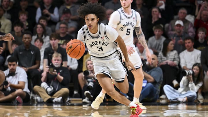Jan 7, 2026; Nashville, Tennessee, USA; Vanderbilt Commodores guard Tyler Tanner (3) brings the ball up court against the Alabama Crimson Tide during the second half at Memorial Gymnasium. Jan 7, 2026; Nashville, Tennessee, USA; Vanderbilt Commodores guard Tyler Tanner (3) brings the ball up court against the Alabama Crimson Tide during the second half at Memorial Gymnasium.