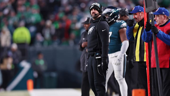 Jan 26, 2025; Philadelphia, PA, USA; Philadelphia Eagles head coach Nick Sirianni looks on against the Washington Commanders during the second half in the NFC Championship game at Lincoln Financial Field.