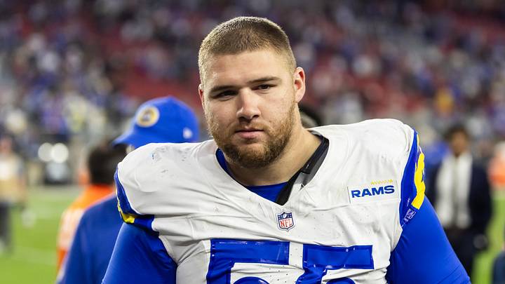 Dec 7, 2025; Glendale, Arizona, USA; Los Angeles Rams defensive end Braden Fiske (55) against the Arizona Cardinals at State Farm Stadium. Mandatory Credit: Mark J. Rebilas-Imagn Images Dec 7, 2025; Glendale, Arizona, USA; Los Angeles Rams defensive end Braden Fiske (55) against the Arizona Cardinals at State Farm Stadium. Mandatory Credit: Mark J. Rebilas-Imagn Images