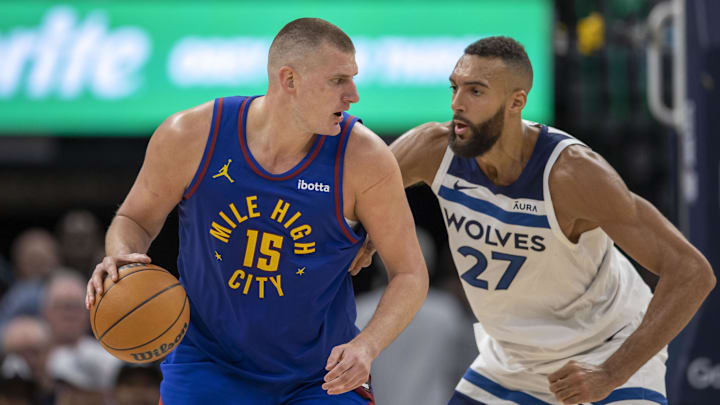 May 10, 2024; Minneapolis, Minnesota, USA; Denver Nuggets center Nikola Jokic (15) controls the ball
