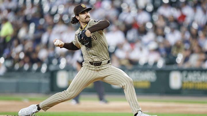 Sep 19, 2025; Chicago, Illinois, USA; San Diego Padres starting pitcher Dylan Cease (84) delivers a pitch against the Chicago White Sox during the first inning at Rate Field. Mandatory Credit: Kamil Krzaczynski-Imagn Images