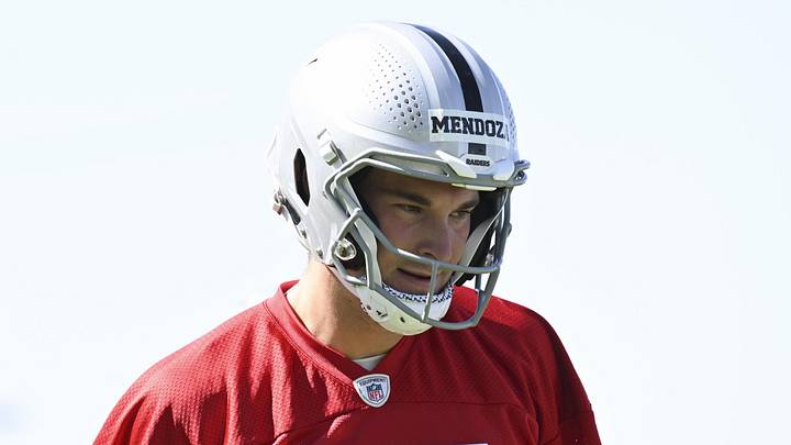 May 20, 2026; Henderson, NV, USA; Las Vegas Raiders quarterback Fernando Mendoza (15) stretches during organized team activities at Intermountain Health Performance Center. Mandatory Credit: Candice Ward-Imagn Images