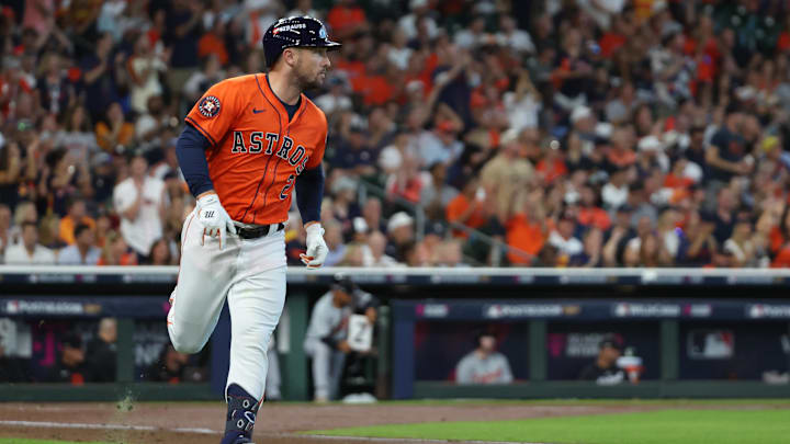 Oct 2, 2024; Houston, Texas, USA; Houston Astros third base Alex Bregman (2) runs after hitting a single against the Detroit Tigers during the second inning of game two of the Wildcard round for the 2024 MLB Playoffs at Minute Maid Park. Oct 2, 2024; Houston, Texas, USA; Houston Astros third base Alex Bregman (2) runs after hitting a single against the Detroit Tigers during the second inning of game two of the Wildcard round for the 2024 MLB Playoffs at Minute Maid Park.