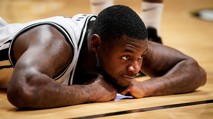 Vanderbilt guard Duke Miles (2) reacts after he was fouled during the second half against Florida at Memorial Gymnasium in Nashville, Tenn., Saturday, Jan. 17, 2026.