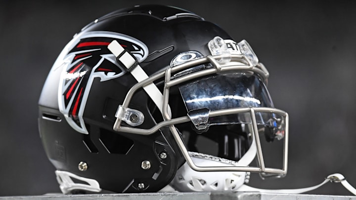 Sep 16, 2024; Philadelphia, Pennsylvania, USA; Atlanta Falcons helmet on the sidelines before game against the Philadelphia Eagles at Lincoln Financial Field. Mandatory Credit: Eric Hartline-Imagn Images