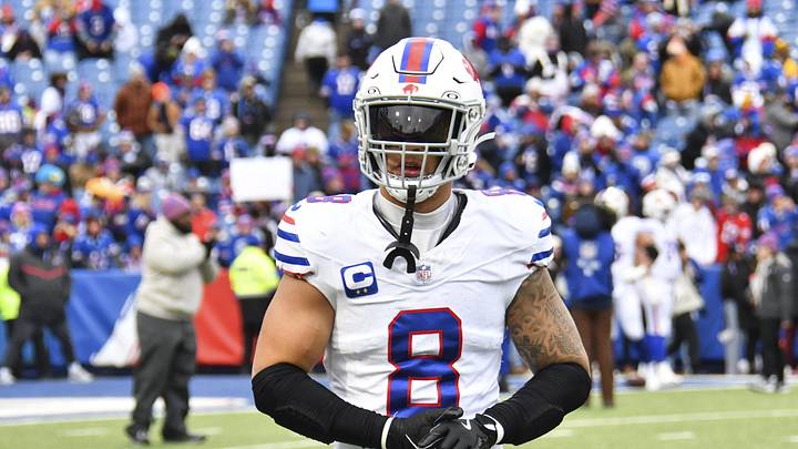 Nov 16, 2025; Orchard Park, New York, USA;  Buffalo Bills linebacker Terrel Bernard (8) warms up prior to the game against the Tampa Bay Buccaneers at Highmark Stadium. Mandatory Credit: Mark Konezny-Imagn Images