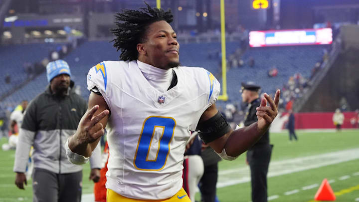  Los Angeles Chargers linebacker Daiyan Henley celebrates after defeating the New England Patriots at Gillette Stadium. 