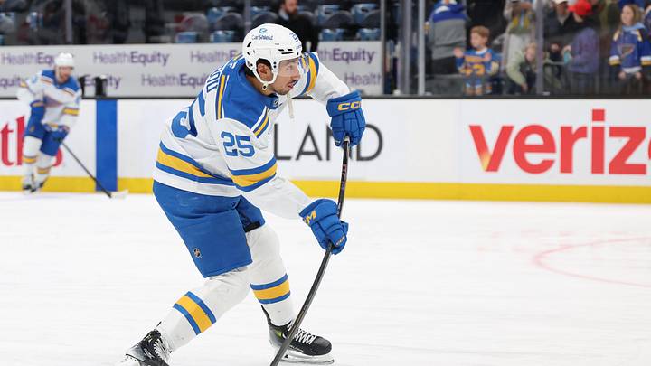 Apr 16, 2026; Salt Lake City, Utah, USA; St. Louis Blues right wing Jordan Kyrou (25) warms up before a game against the Utah Mammoth at Delta Center. Mandatory Credit: Rob Gray-Imagn Images