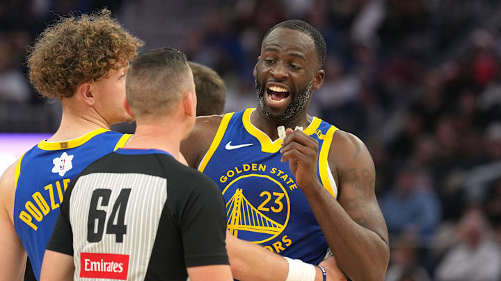 Dec 25, 2024; San Francisco, California, USA; Golden State Warriors forward Draymond Green (23) argues with referee Justin Van Duyne (64) after receiving a technical foul during the second quarter against the Los Angeles Lakers at Chase Center. Mandatory Credit: Darren Yamashita-Imagn Images