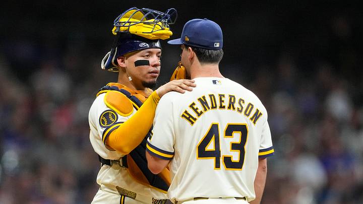 Sep 9, 2026; Milwaukee, Wisconsin, USA; Milwaukee Brewers catcher William Contreras (24) talks with pitcher Logan Henderson (43) during the fourth inning against the Chicago Cubs at American Family Field. Mandatory Credit: Jeff Hanisch-Imagn Images Sep 9, 2026; Milwaukee, Wisconsin, USA; Milwaukee Brewers catcher William Contreras (24) talks with pitcher Logan Henderson (43) during the fourth inning against the Chicago Cubs at American Family Field. Mandatory Credit: Jeff Hanisch-Imagn Images