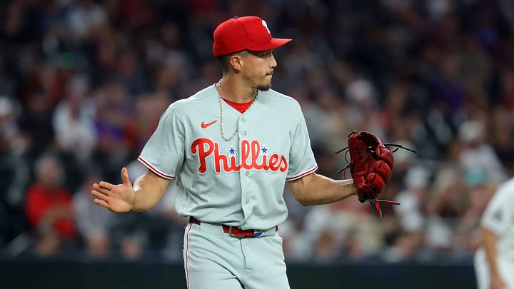 Aug 31, 2026; Phoenix, Arizona, USA; Philadelphia Phillies pitcher Alex McFarlane celebrates the final out in the sixth inning against the Arizona Diamondbacks at Chase Field. Mandatory Credit: Mark J. Rebilas-Imagn Images