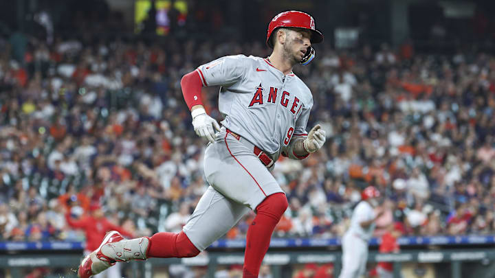 Sep 22, 2024; Houston, Texas, USA; Los Angeles Angels shortstop Zach Neto (9) runs to first base on a bases-clearing double during the ninth inning against the Houston Astros at Minute Maid Park. Mandatory Credit: Troy Taormina-Imagn Images