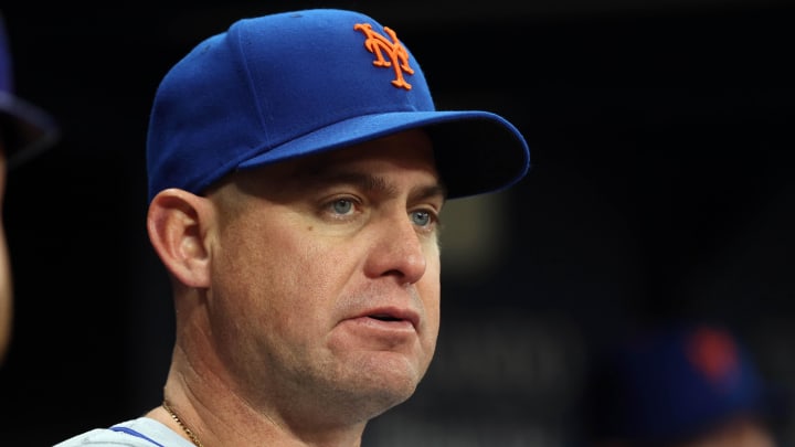 May 3, 2024; St. Petersburg, Florida, USA; New York Mets manager Carlos Mendoza (64) looks on during the ninth inning against the Tampa Bay Rays at Tropicana Field. Mandatory Credit: Kim Klement Neitzel-USA TODAY Sports May 3, 2024; St. Petersburg, Florida, USA; New York Mets manager Carlos Mendoza (64) looks on during the ninth inning against the Tampa Bay Rays at Tropicana Field. Mandatory Credit: Kim Klement Neitzel-USA TODAY Sports