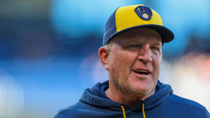 Apr 18, 2026; Miami, Florida, USA; Milwaukee Brewers manager Pat Murphy (49) looks on against the Miami Marlins during the sixth inning at loanDepot Park. Mandatory Credit: Sam Navarro-Imagn Images