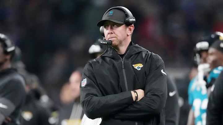 Oct 19, 2025; London, United Kingdom; Jacksonville Jaguars head coach Liam Coen looks on during the second half of an NFL International Series game at Wembley Stadium. Mandatory Credit: Kirby Lee-Imagn Images