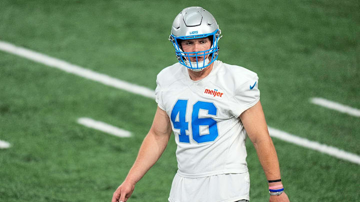 Detroit Lions linebacker Jack Campbell (46) practices during OTA at Meijer Performance Center in Allen Park on Thursday, June 5, 2025.