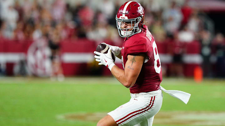 Sep 28, 2024; Tuscaloosa, Alabama, USA;  Alabama Crimson Tide tight end CJ Dippre (81) catches a pass against the Georgia Bulldogs during the first half at Bryant-Denny Stadium. Mandatory Credit: John David Mercer-Imagn Images