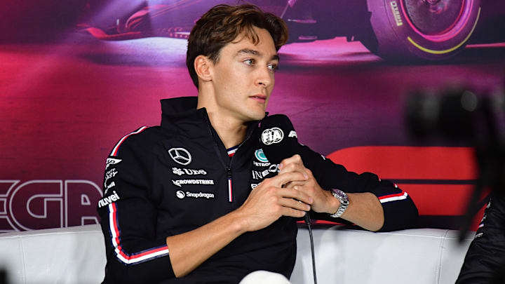 Nov 20, 2024; Las Vegas, Nevada, USA; Mercedes AMG Petronas driver George Russell (63) during media availabilities at Las Vegas Circuit. Mandatory Credit: Gary A. Vasquez-Imagn Images