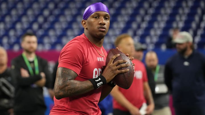Mar 2, 2024; Indianapolis, IN, USA; Washington quarterback Michael Penix (QB08) during the 2024 NFL