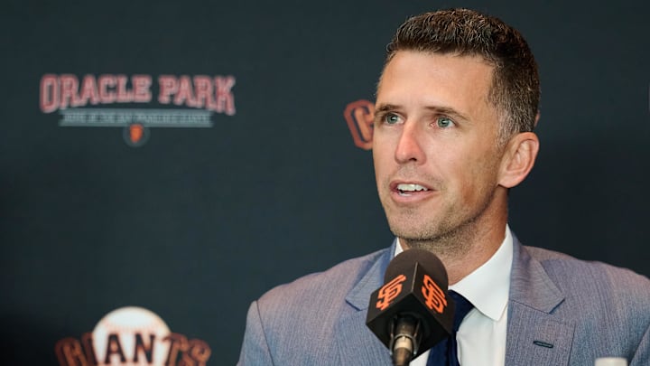 Oct 1, 2024; San Francisco, CA, USA; San Francisco Giants president of baseball operations Buster Posey addresses the media during an introductory press conference at Oracle Park