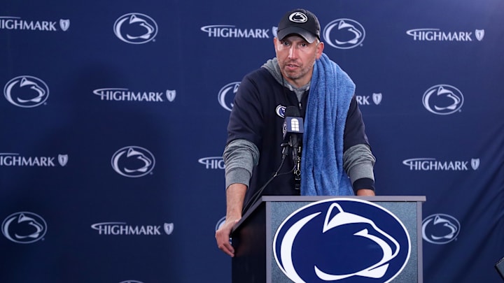 Apr 25, 2026; University Park, PA, USA; Penn State Nittany Lions head coach Matt Campbell answers questions from the media following the Penn State Blue-White Spring game at Beaver Stadium. Mandatory Credit: Matthew O'Haren-Imagn Images