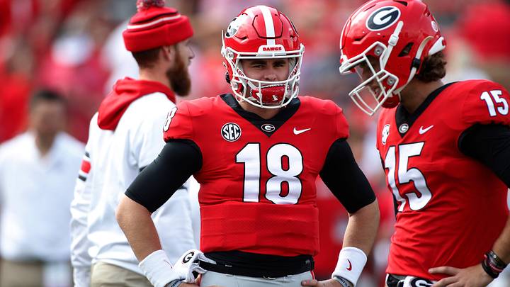 Georgia quarterback JT Daniels (18) and Georgia quarterback Carson Beck (15) look on during warm ups before an NCAA college football game between Arkansas and Georgia in Athens, Ga., on Saturday, Oct. 2, 2021.
News Joshua L Jones Georgia quarterback JT Daniels (18) and Georgia quarterback Carson Beck (15) look on during warm ups before an NCAA college football game between Arkansas and Georgia in Athens, Ga., on Saturday, Oct. 2, 2021.
News Joshua L Jones