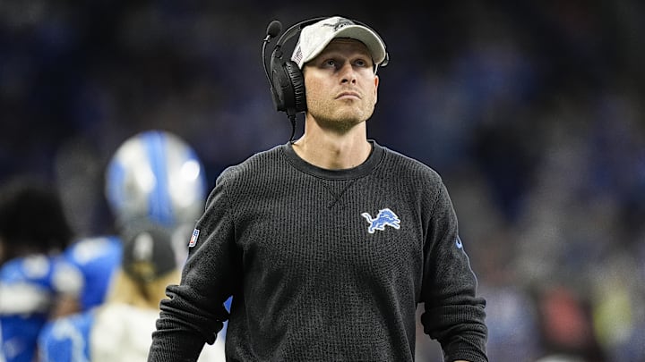 Nov 17, 2024; Detroit, MI, USA; Detroit Lions offensive coordinator Ben Johnson watches a replay against Jacksonville Jaguars during the second half at Ford Field in Detroit on Sunday, Nov. 17, 2024. Mandatory Credit: Junfu Han/USA TODAY Network via Imagn Images 