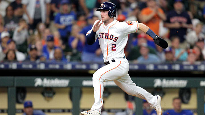 May 29, 2019; Houston, TX, USA; Houston Astros third baseman Alex Bregman (2) runs towards home plate to score a run against the Chicago Cubs during the fourth inning at Minute Maid Park.