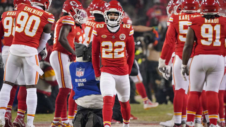 Jan 13, 2024; Kansas City, Missouri, USA; Kansas City Chiefs cornerback Trent McDuffie (22) is introduced against the Miami Dolphins prior to a 2024 AFC wild card game at GEHA Field at Arrowhead Stadium. Mandatory Credit: Denny Medley-USA TODAY Sports
